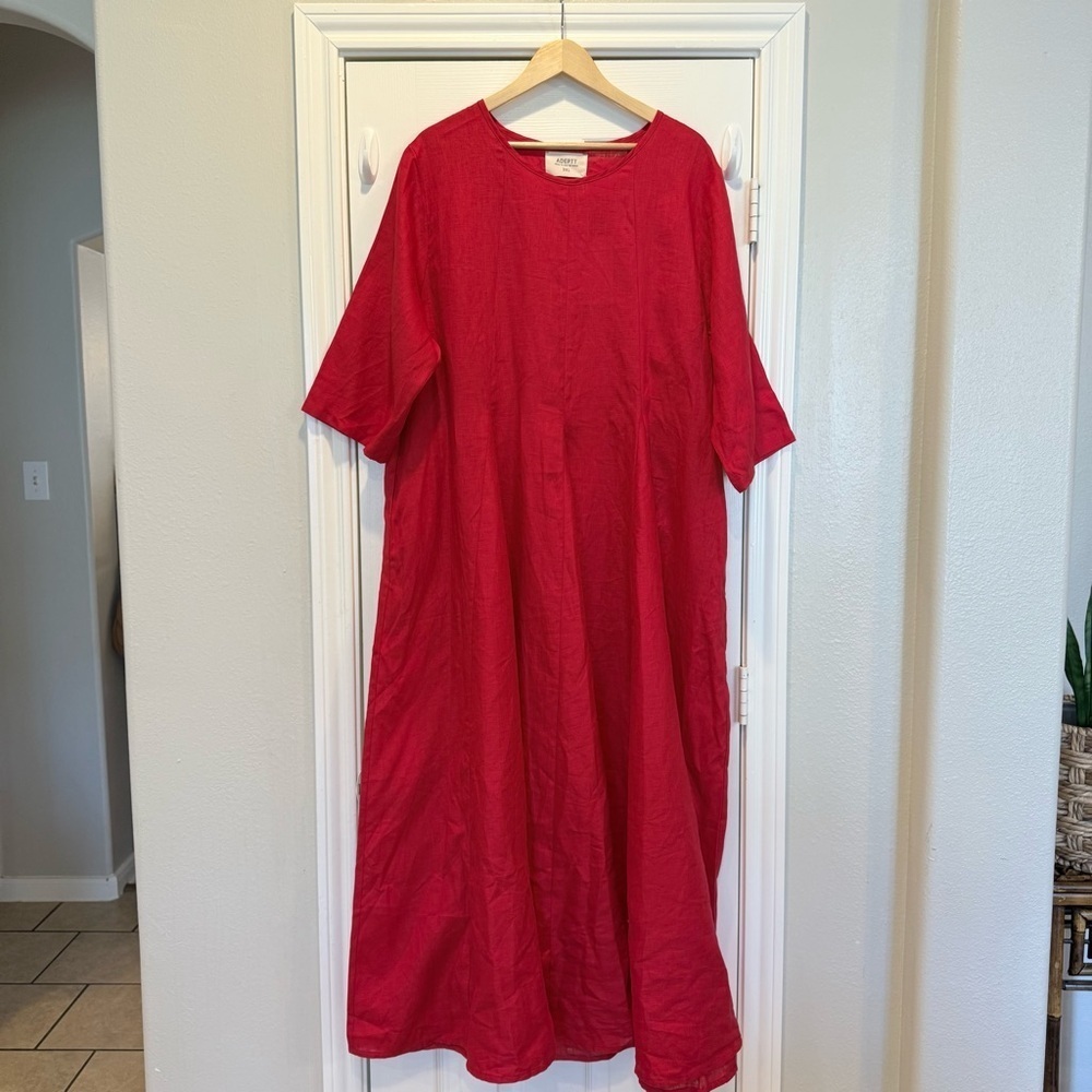 Adeptt Linen Maxi Dress Sharon Women’s 3XL Pink Red Pockets Relaxed Beach Resort - Picture 2 of 8